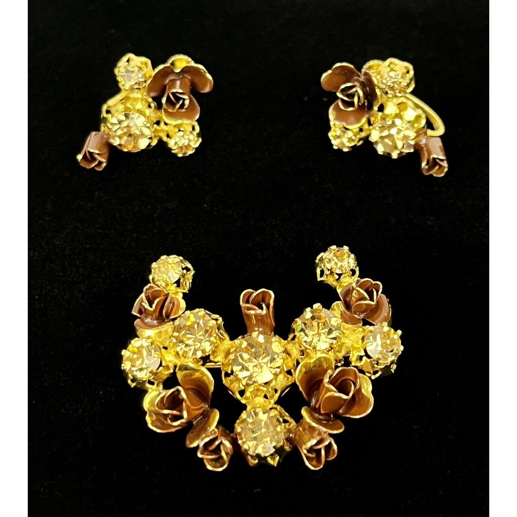Austria Vtg Enameled Chocolate Roses Clear Crystals Earrings And Brooch Suit 60$